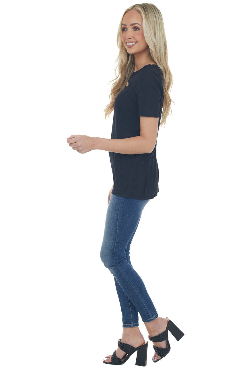 Black Chest Cut Out Ribbed Knit Top