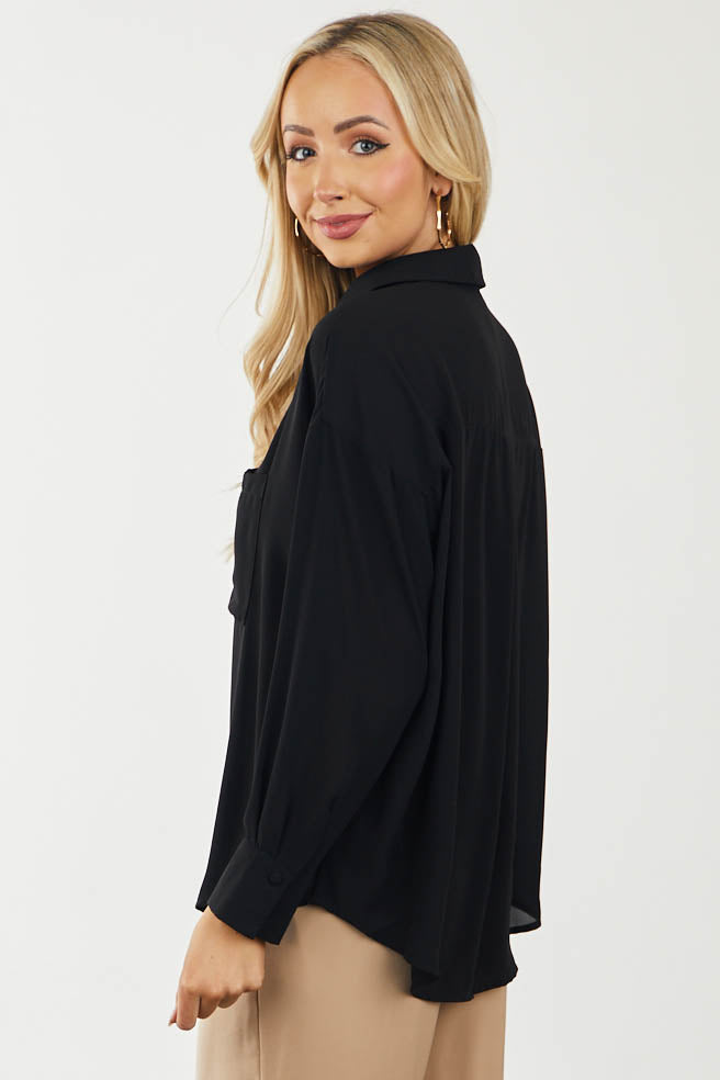 Black Chest Pocket Button Down Blouse
