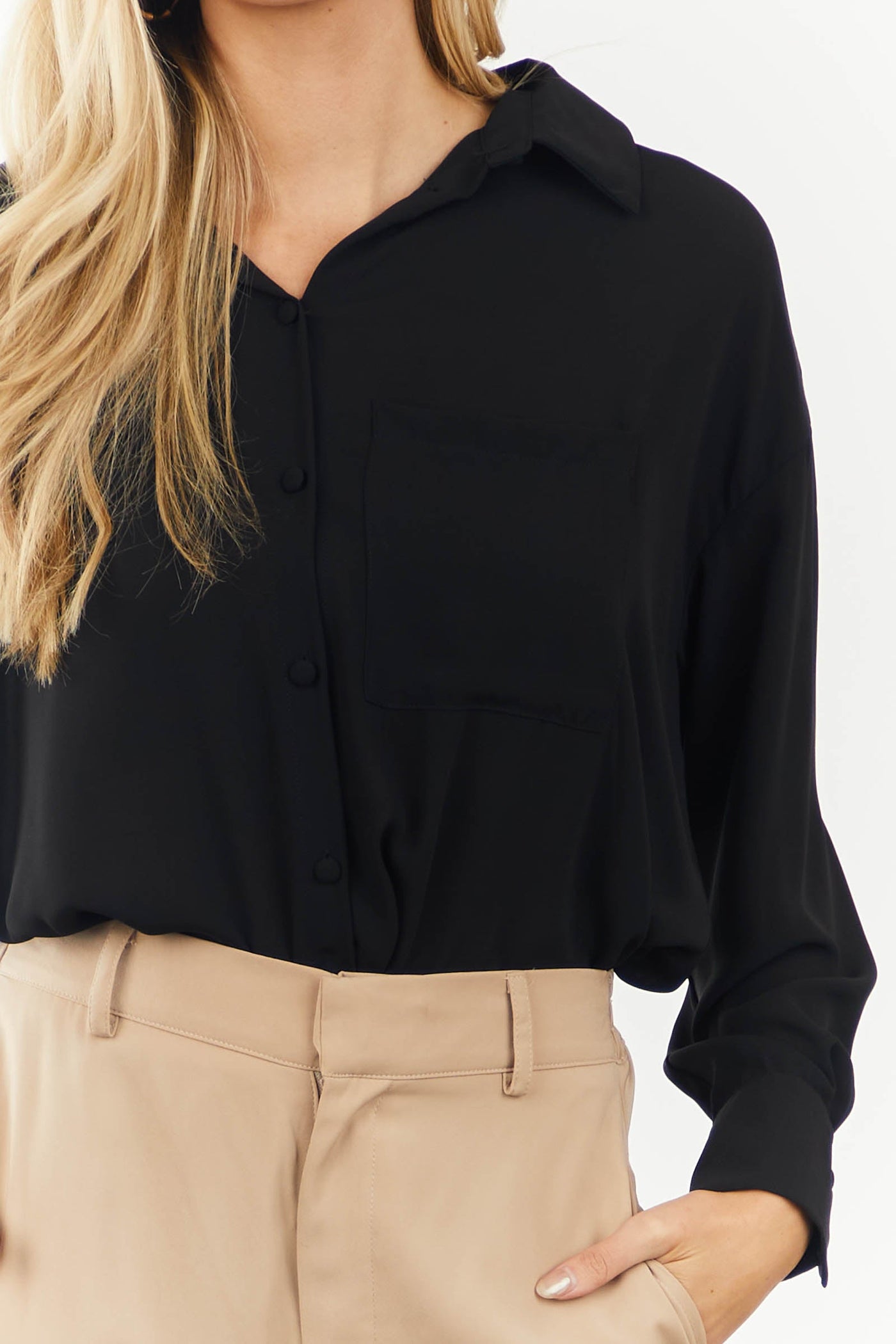 Black Chest Pocket Button Down Blouse