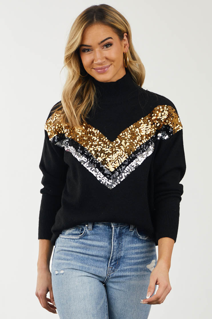 Black Chevron Sequin Mock Neck Sweater