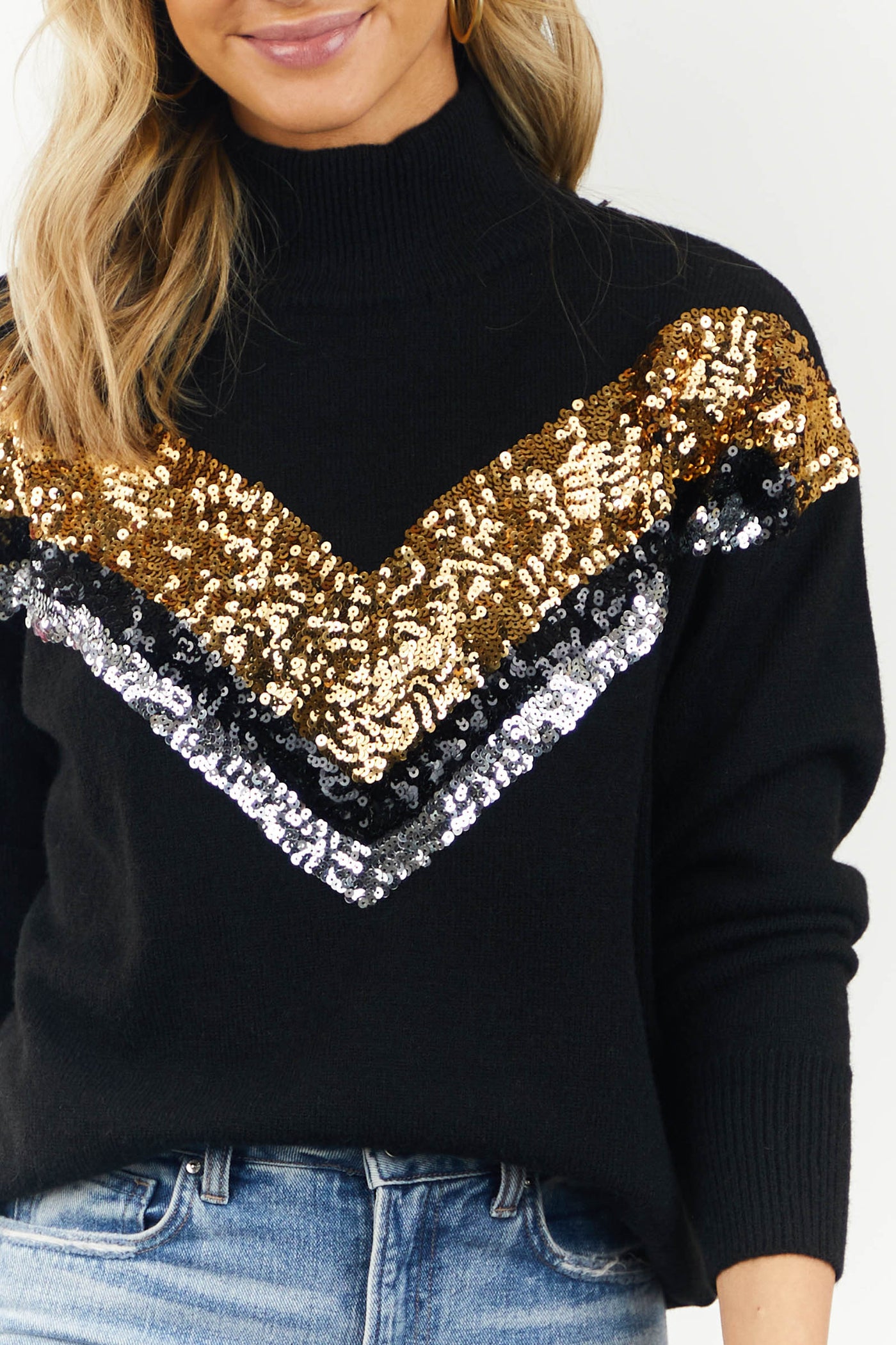 Black Chevron Sequin Mock Neck Sweater