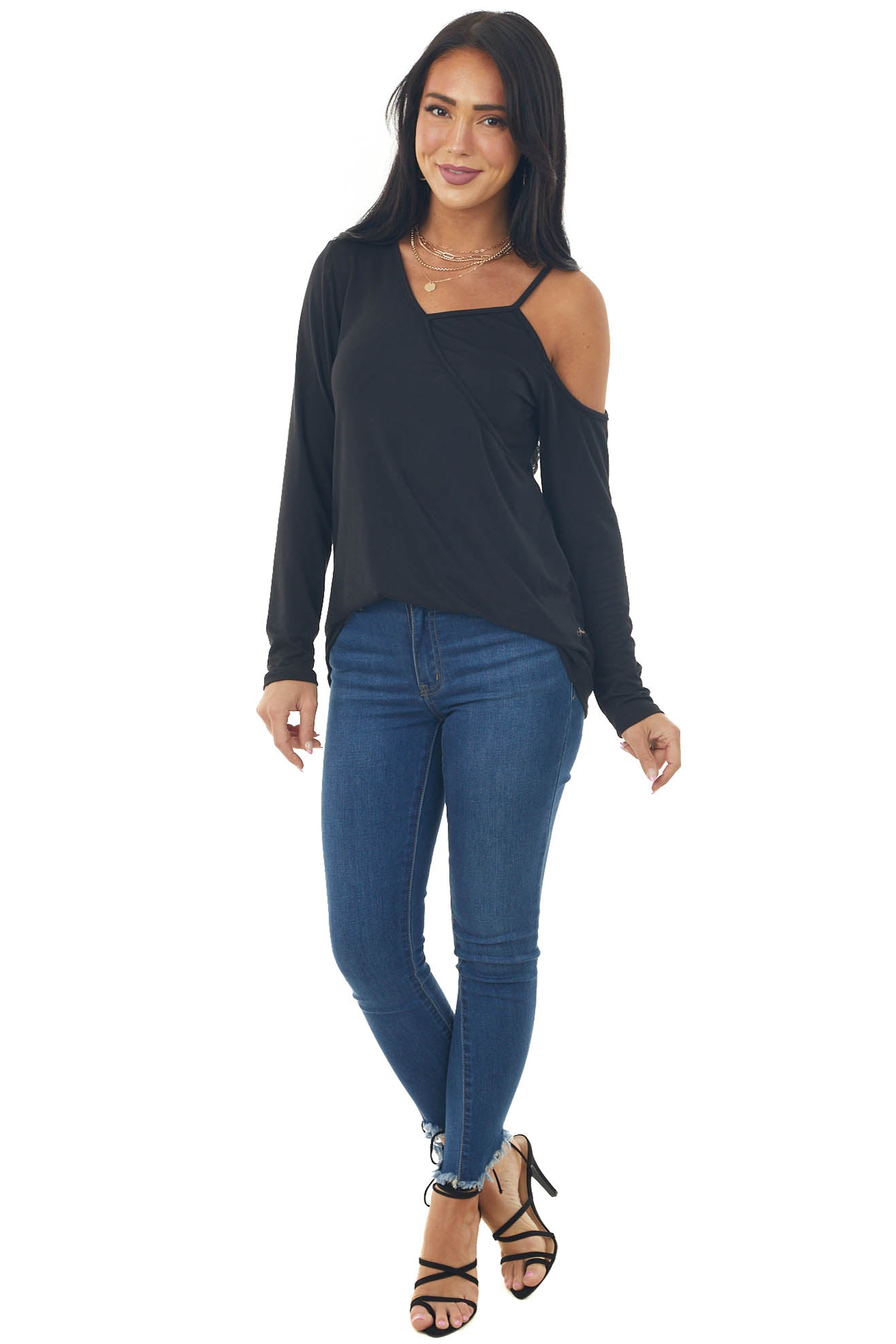 Black Cold Shoulder Asymmetrical Knit Top