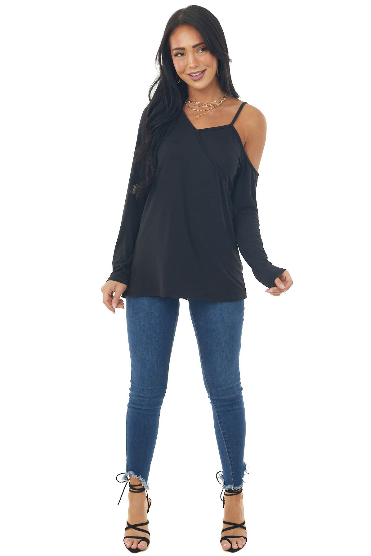 Black Cold Shoulder Asymmetrical Knit Top