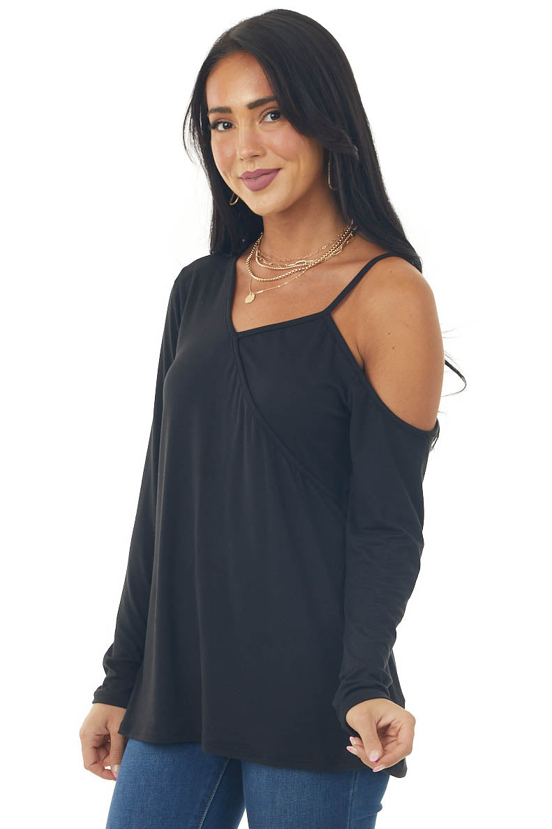 Black Cold Shoulder Asymmetrical Knit Top