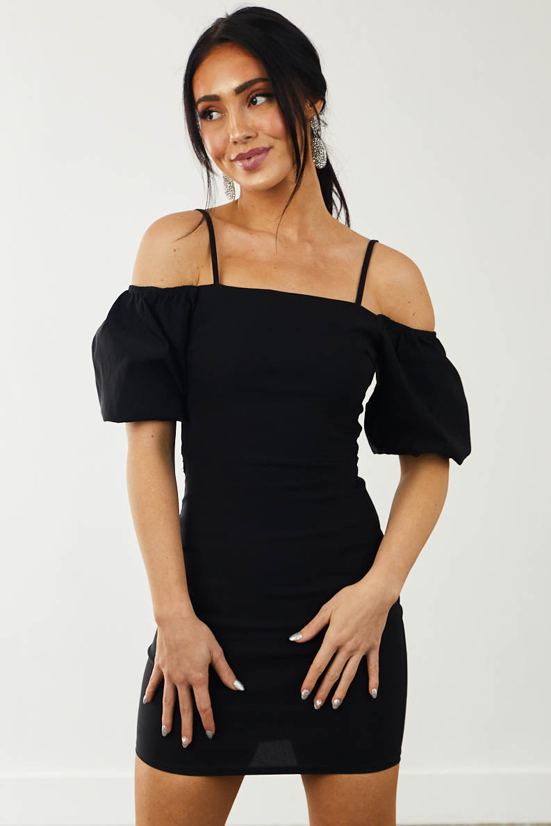 Black Cold Shoulder Puff Sleeve Bodycon Mini Dress