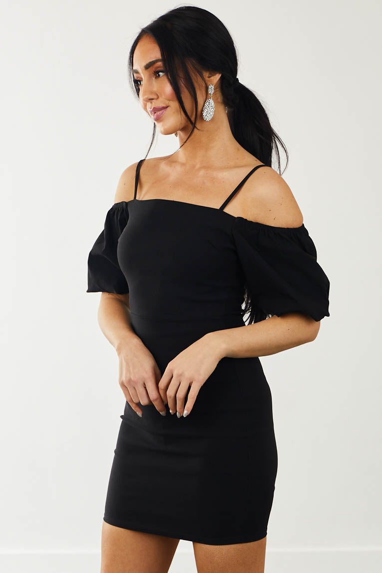 Black Cold Shoulder Puff Sleeve Bodycon Mini Dress