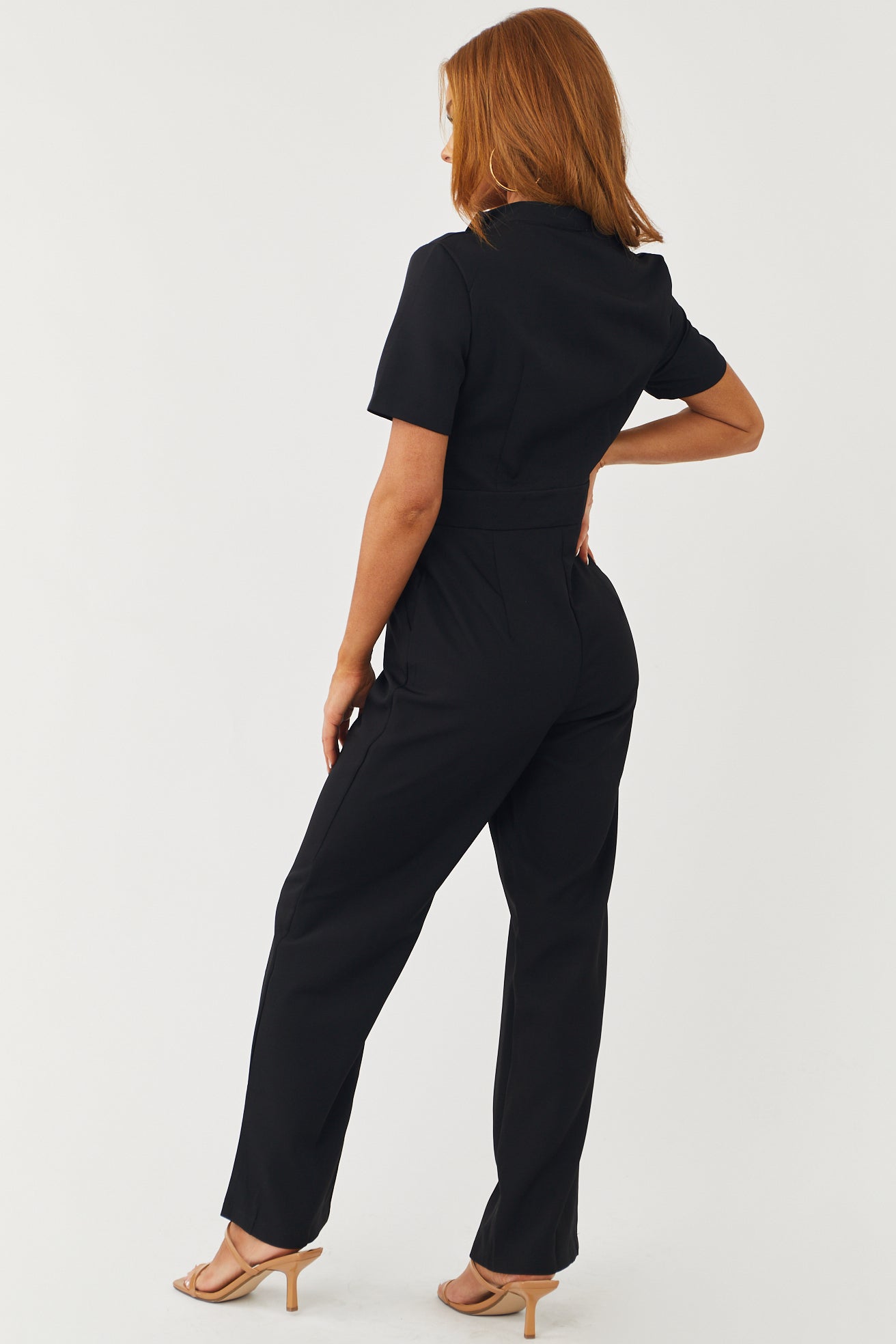 Black Collared Short Sleeve Wide Leg Jumpsuit