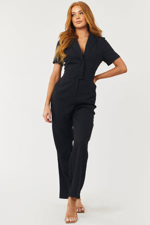 Black Collared Short Sleeve Wide Leg Jumpsuit