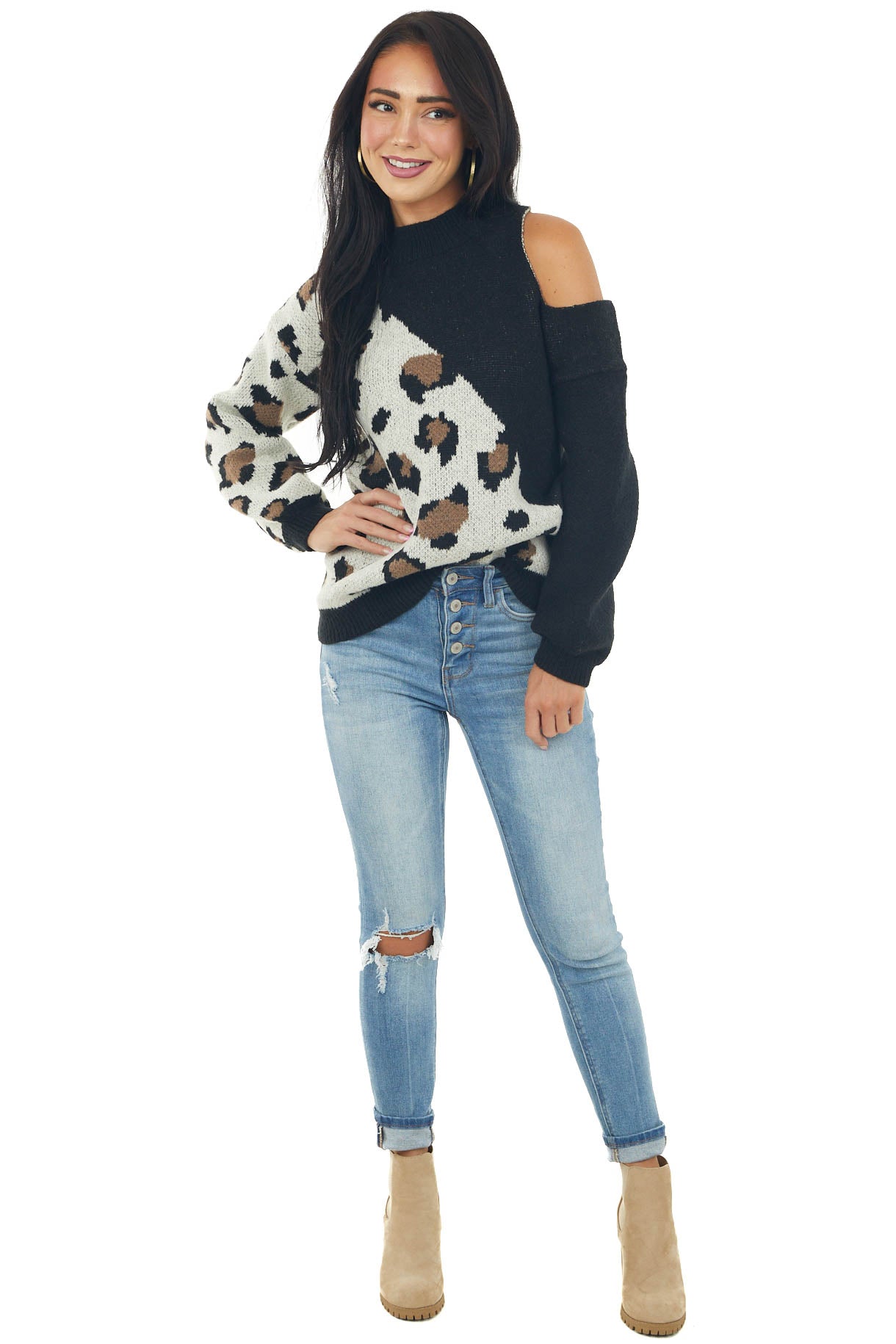 Black Colorblock Leopard Print Knit Sweater