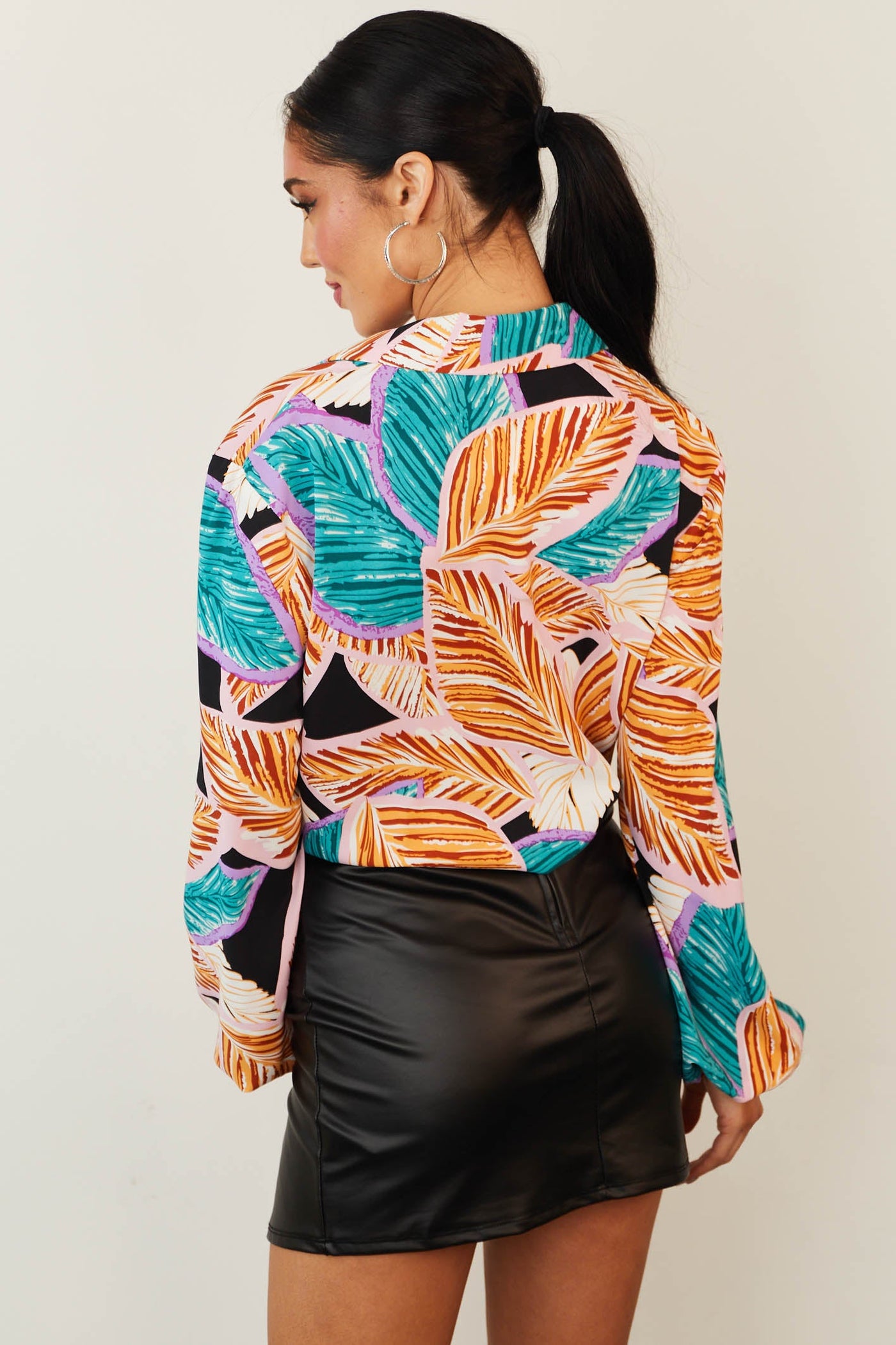 Black Colorful Tropical Print Front Twist Top