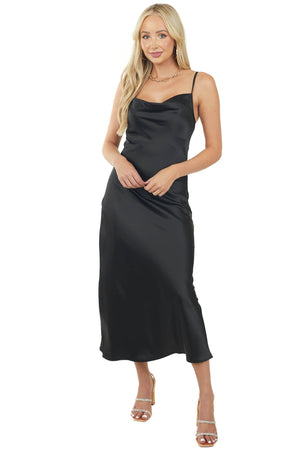 Black Cowl Neck Cami Satin Midi Dress