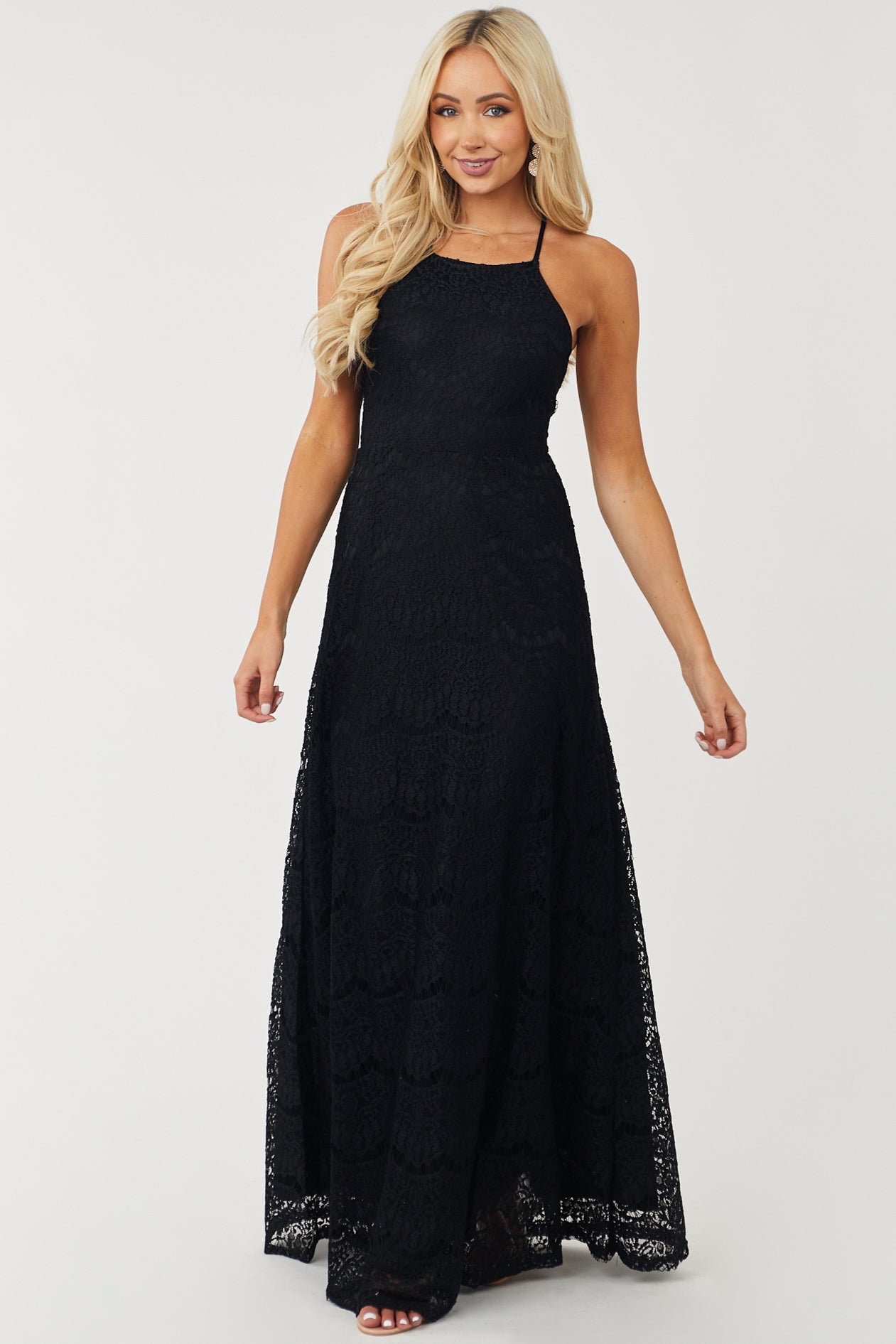 Black Crochet Lace Halter Neck Maxi Dress