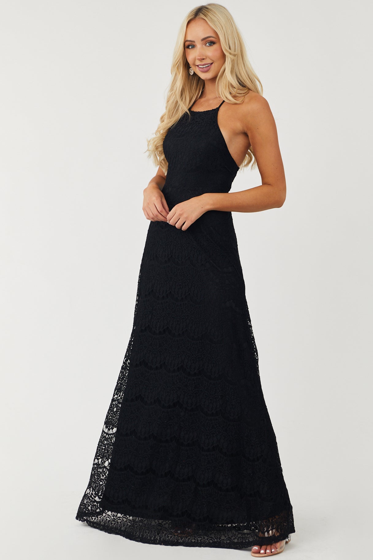 Black Crochet Lace Halter Neck Maxi Dress