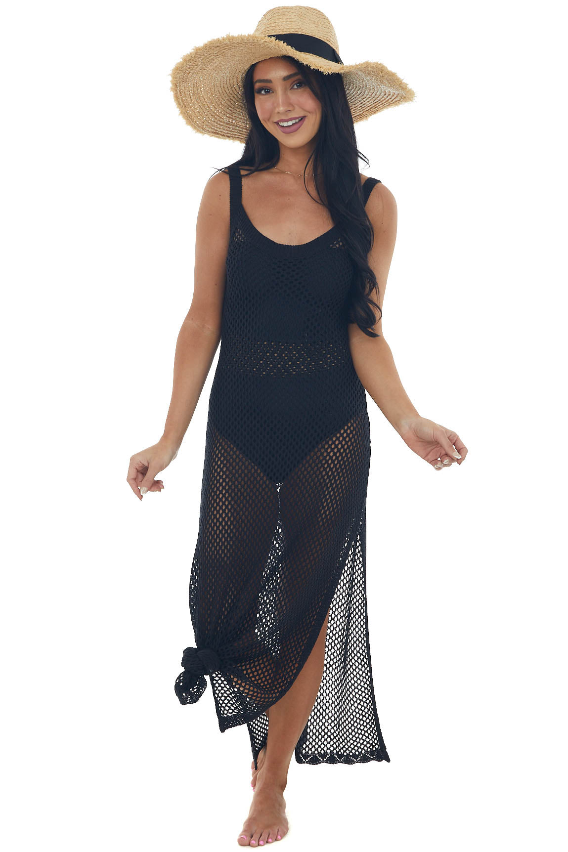 Black Crochet Maxi Dress with Deep Side Slits