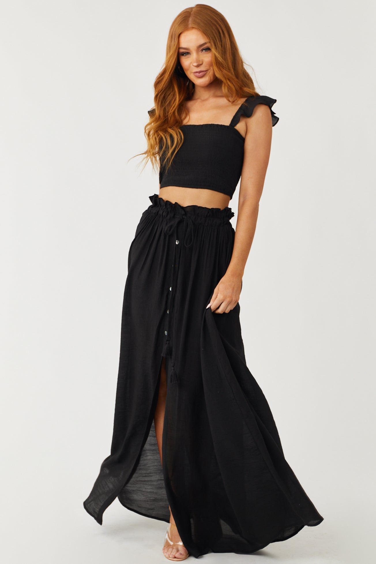 Black Crop Top and Maxi Skirt Two Piece Set