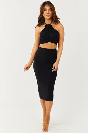 Black Crop Top and Midi Skirt Two Piece Set