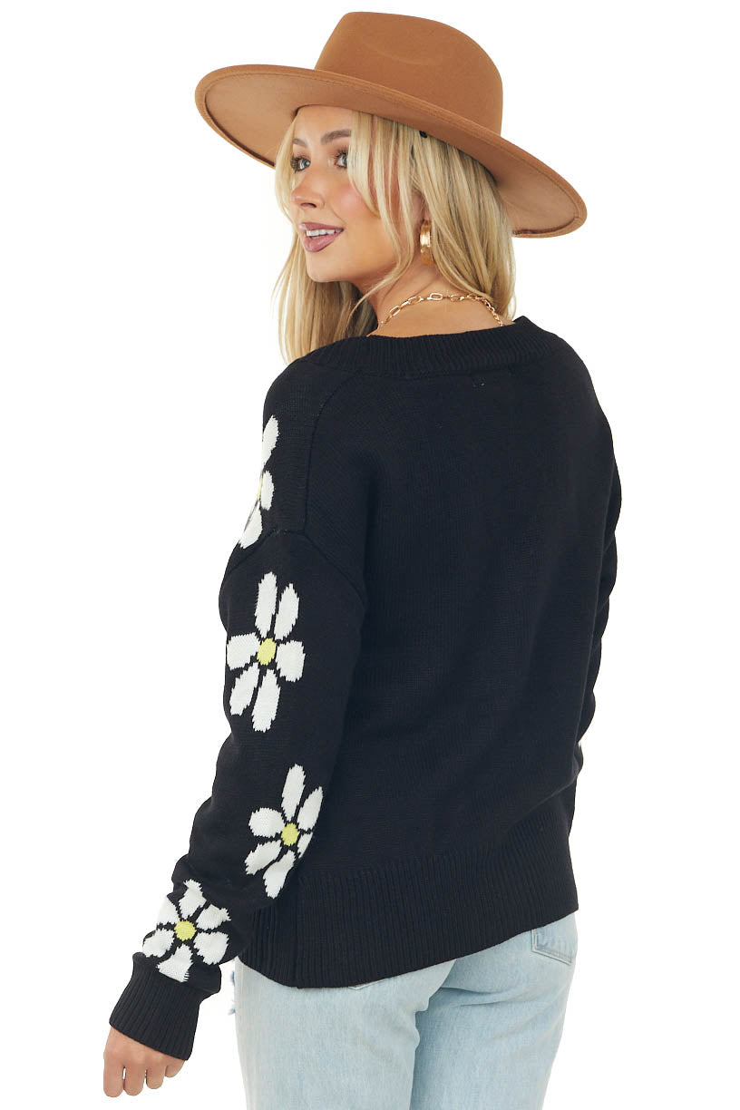 Black Daisy Print Button Up Cardigan