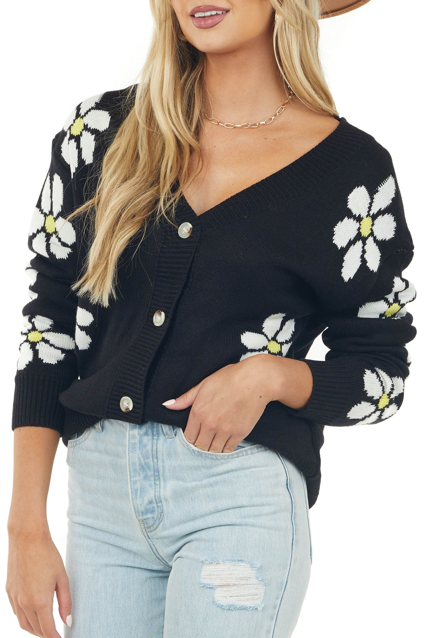 Black Daisy Print Button Up Cardigan