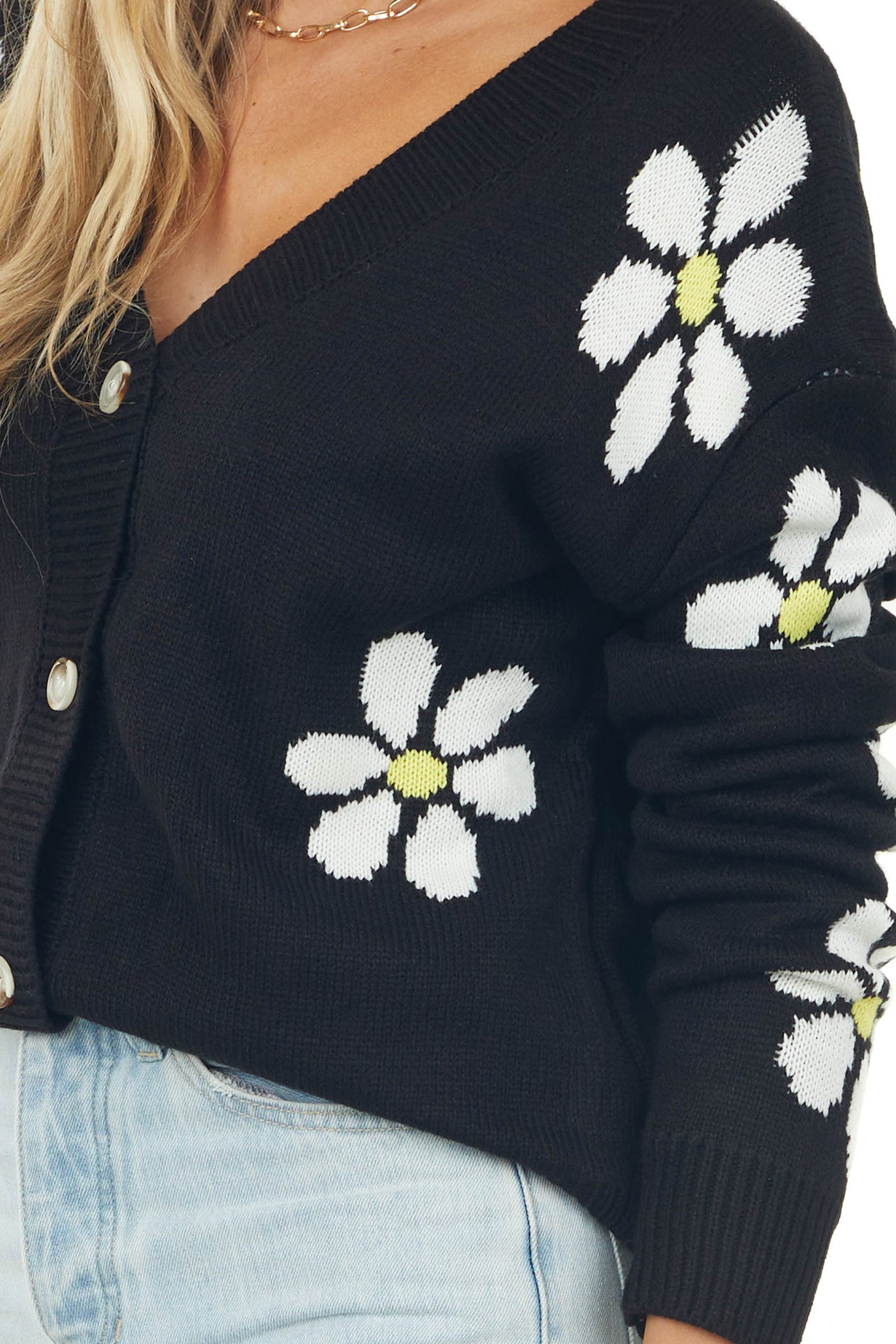 Black Daisy Print Button Up Cardigan