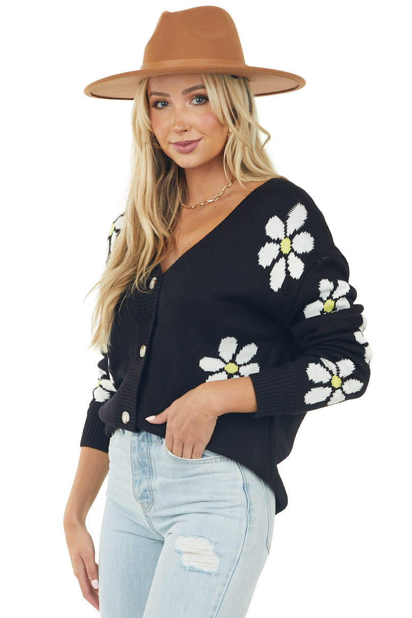 Black Daisy Print Button Up Cardigan