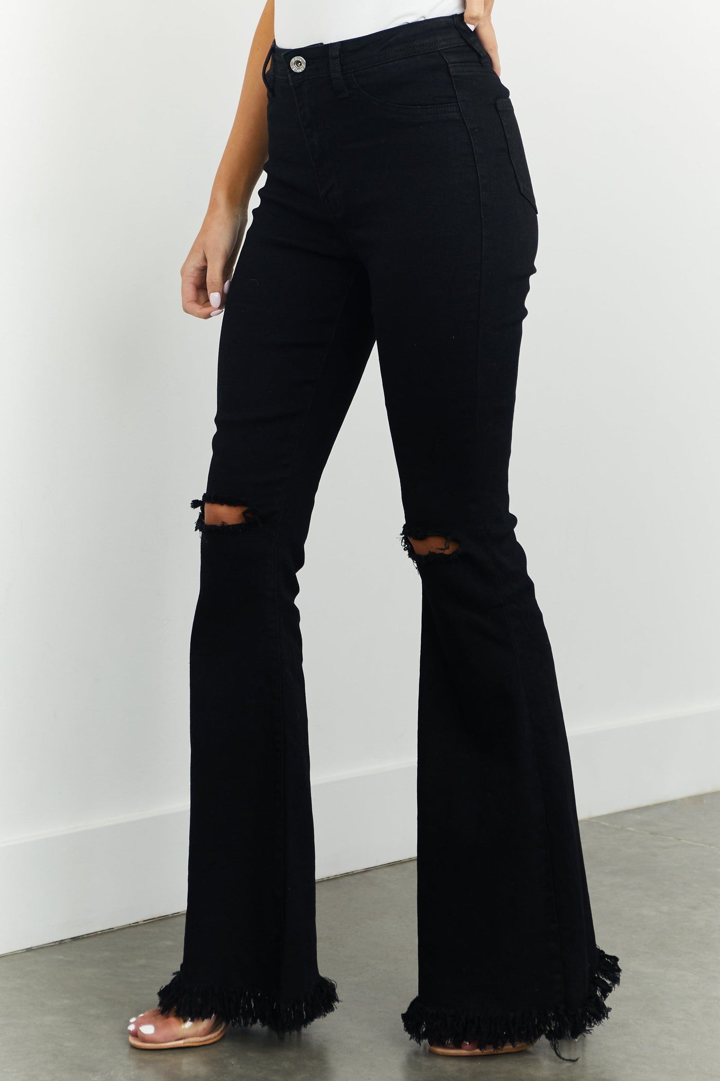 Black Distressed Knee High Rise Flare Jeans