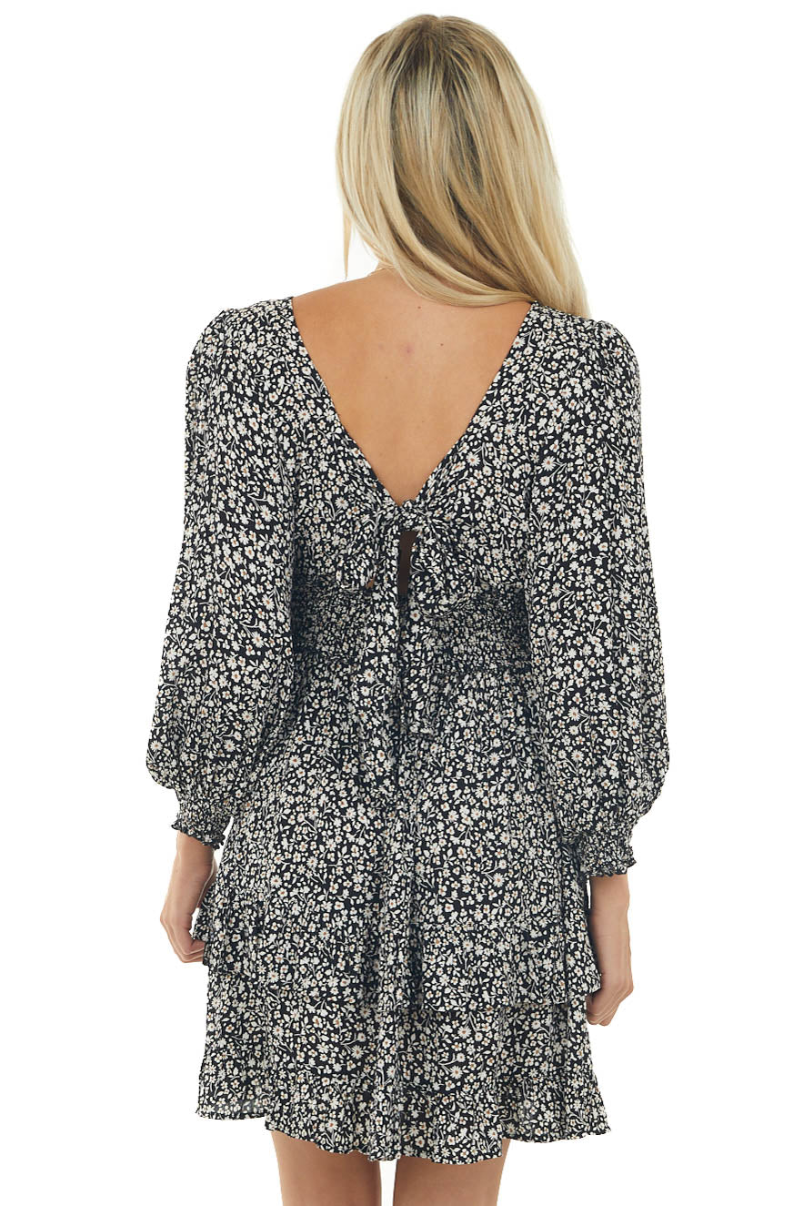 Black Ditsy Floral Bubble Sleeve Short Dress