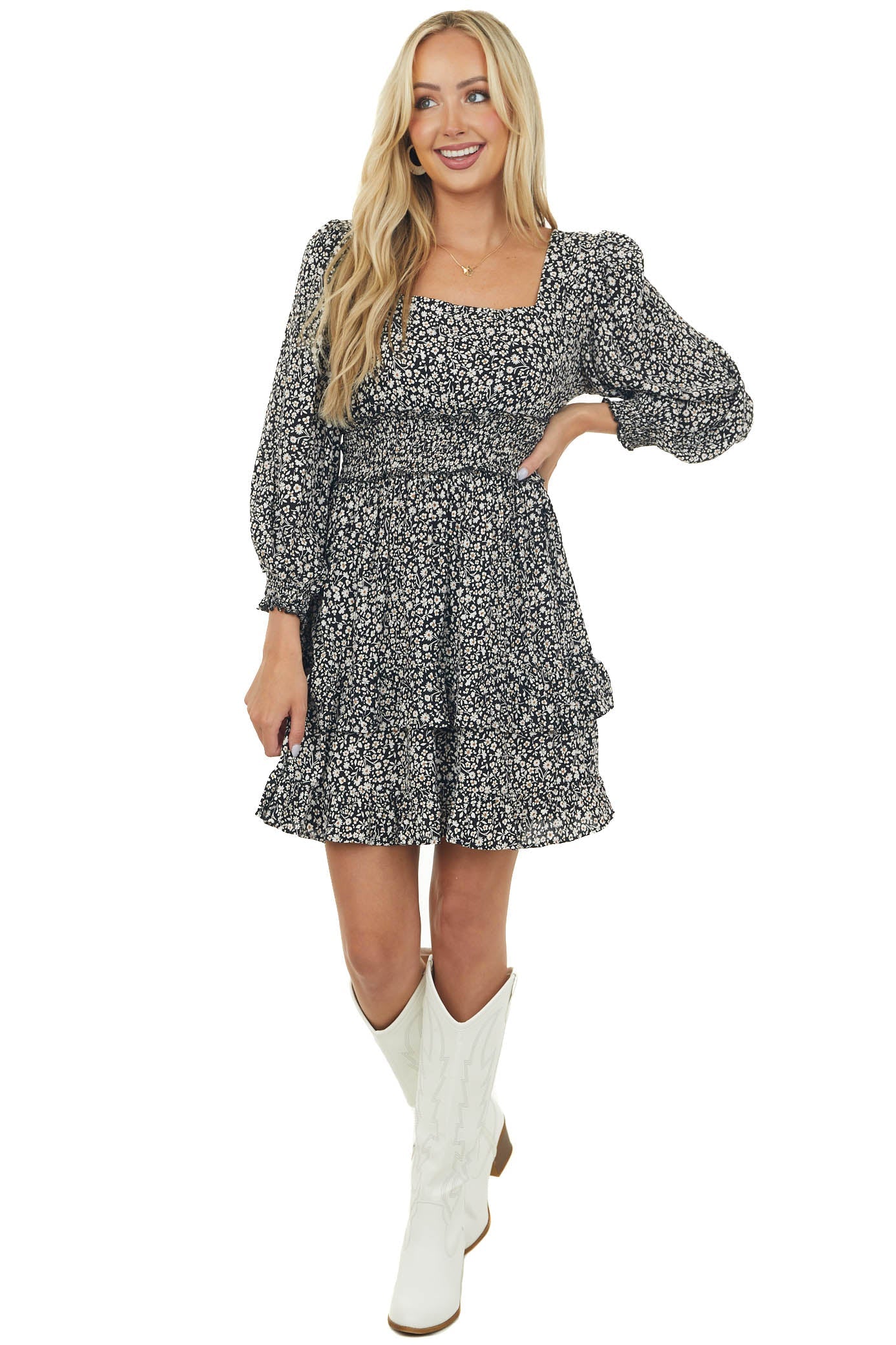 Black Ditsy Floral Bubble Sleeve Short Dress