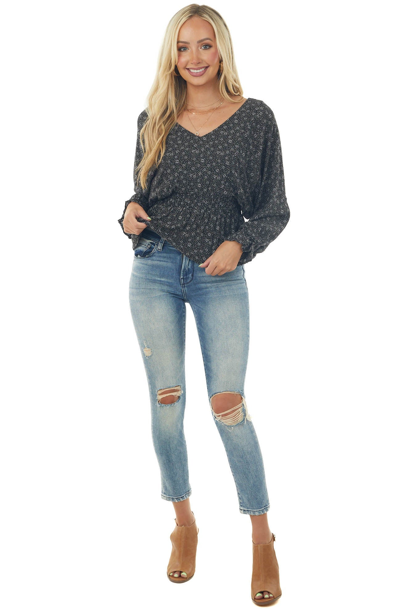 Black Ditsy Floral Dolman Sleeve Peplum Blouse