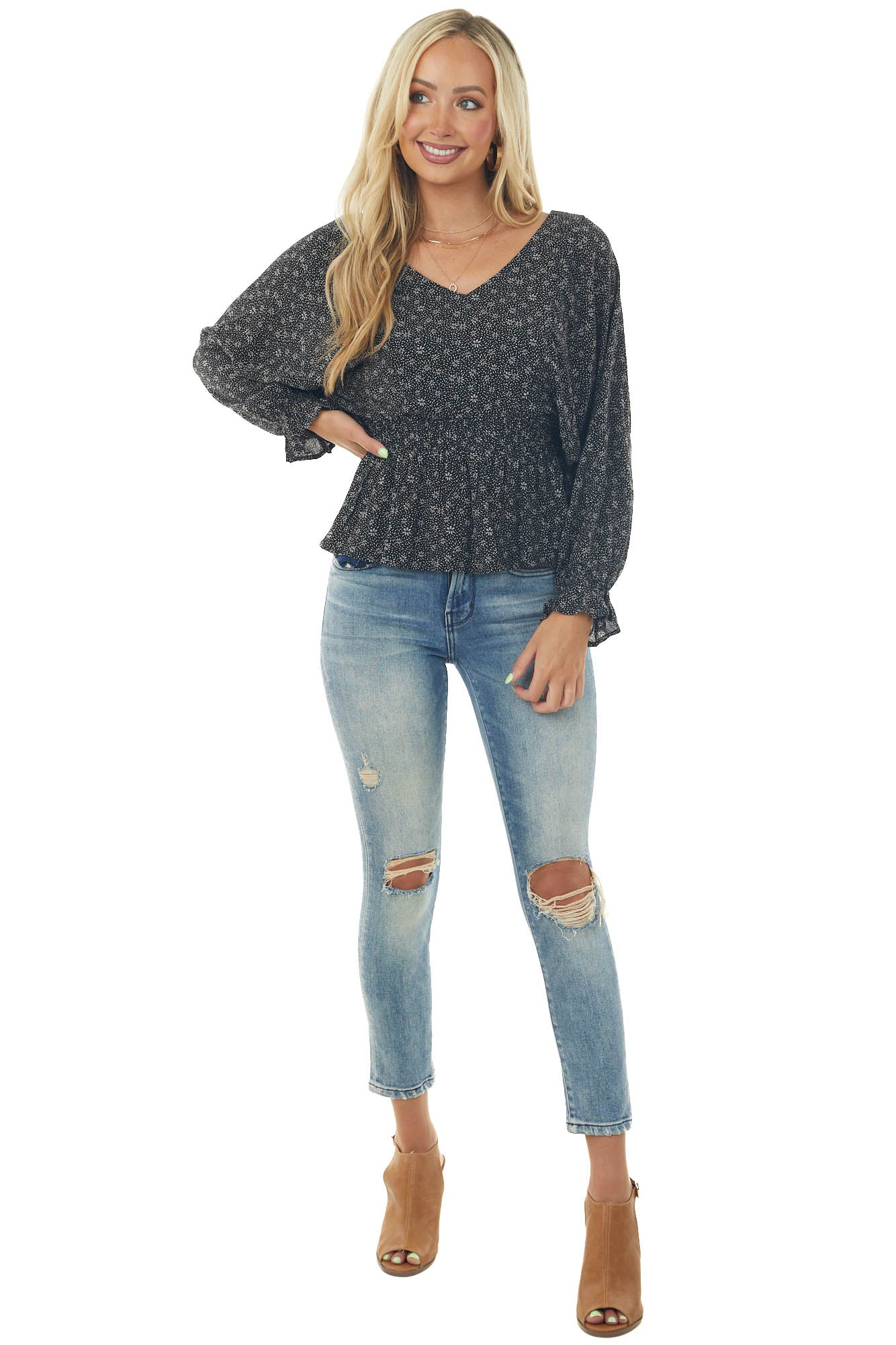 Black Ditsy Floral Dolman Sleeve Peplum Blouse