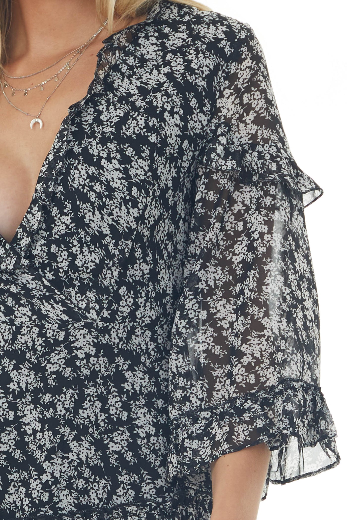 Black Ditsy Floral Tiered Short Dress with Open Back Detail