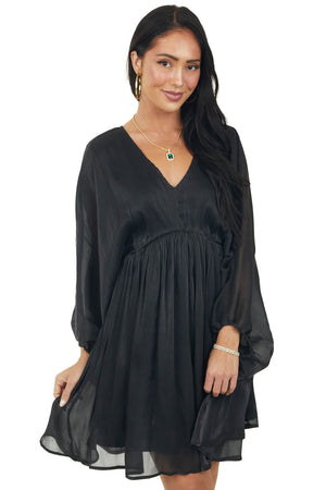 Black Dolman Sleeve Metallic Shine Short Dress
