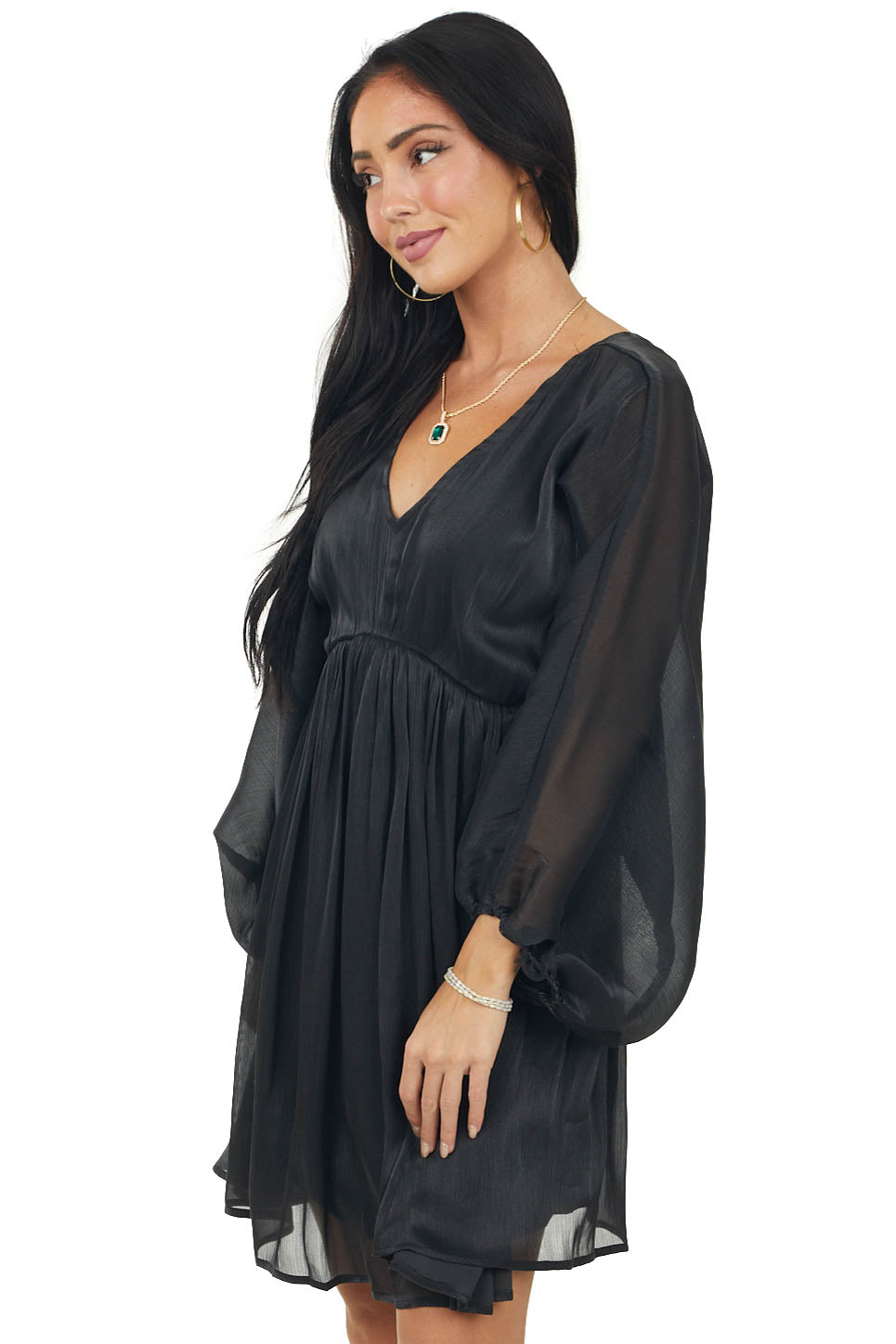 Black Dolman Sleeve Metallic Shine Short Dress