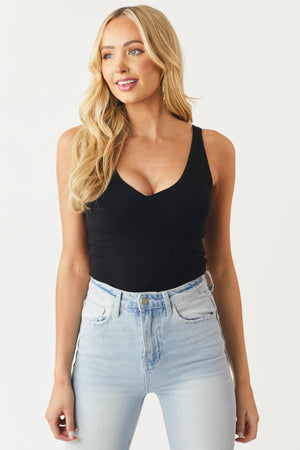 Black Double Lined V Neck Knit Tank Top