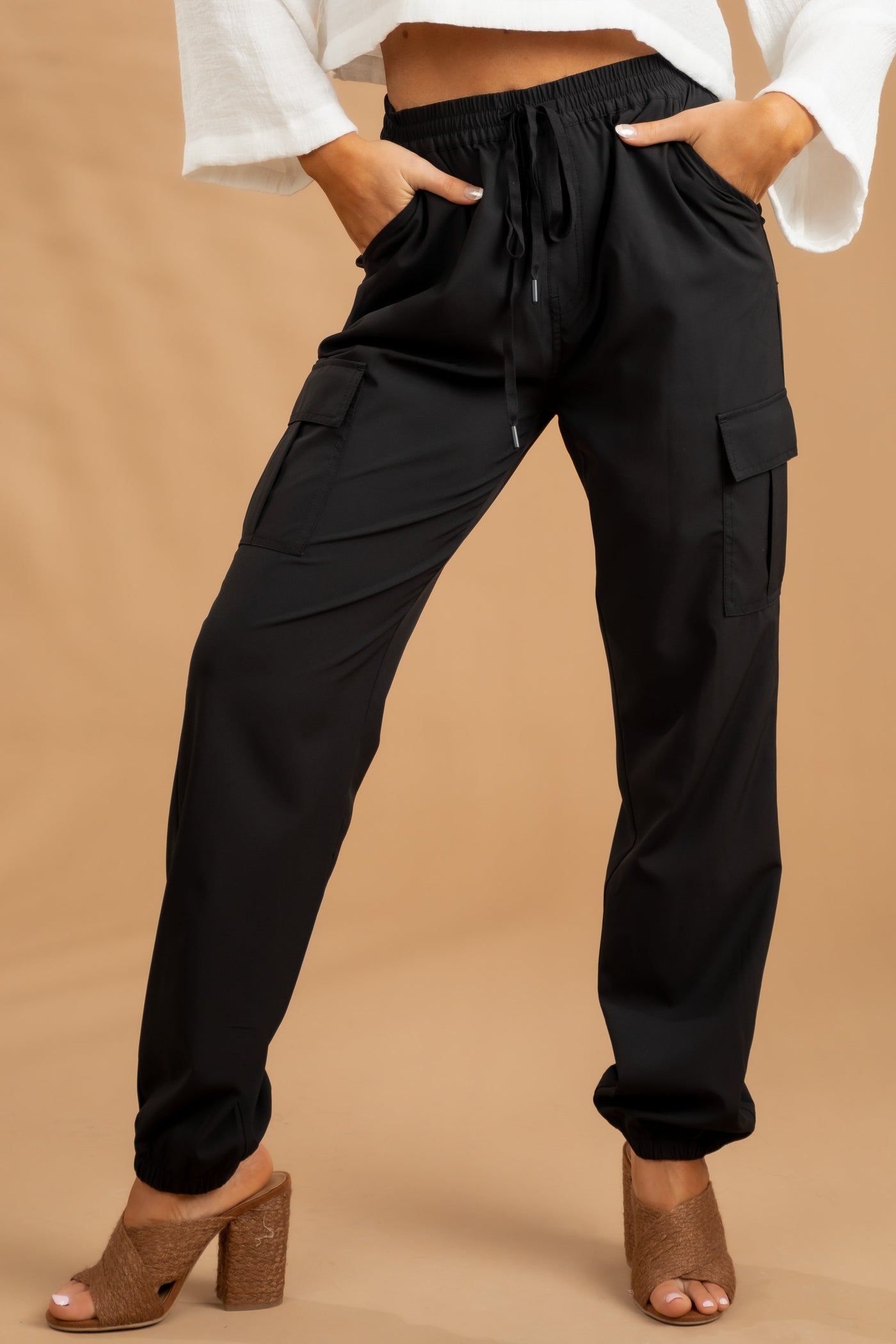 Black Drawstring Cargo Joggers