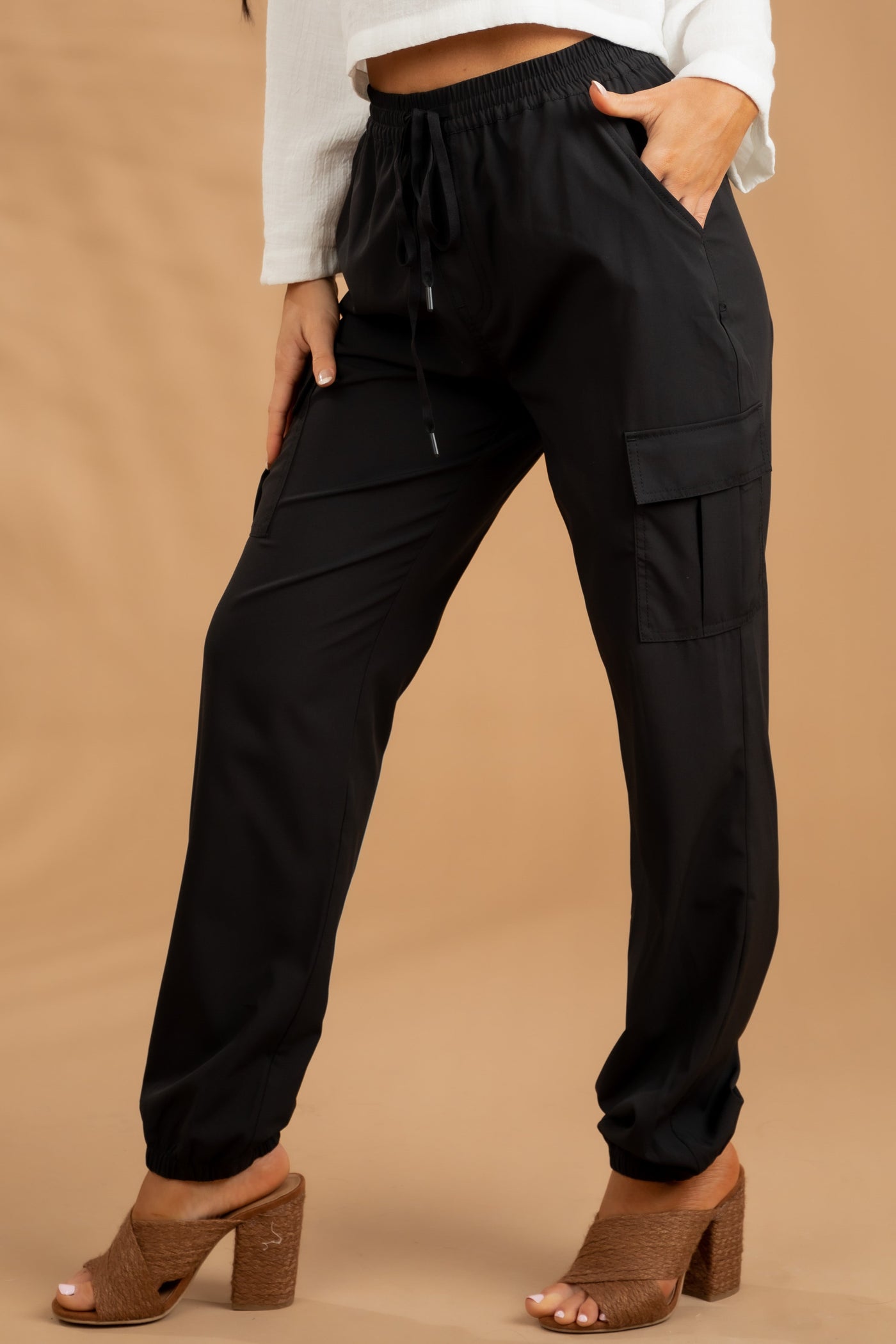 Black Drawstring Cargo Joggers