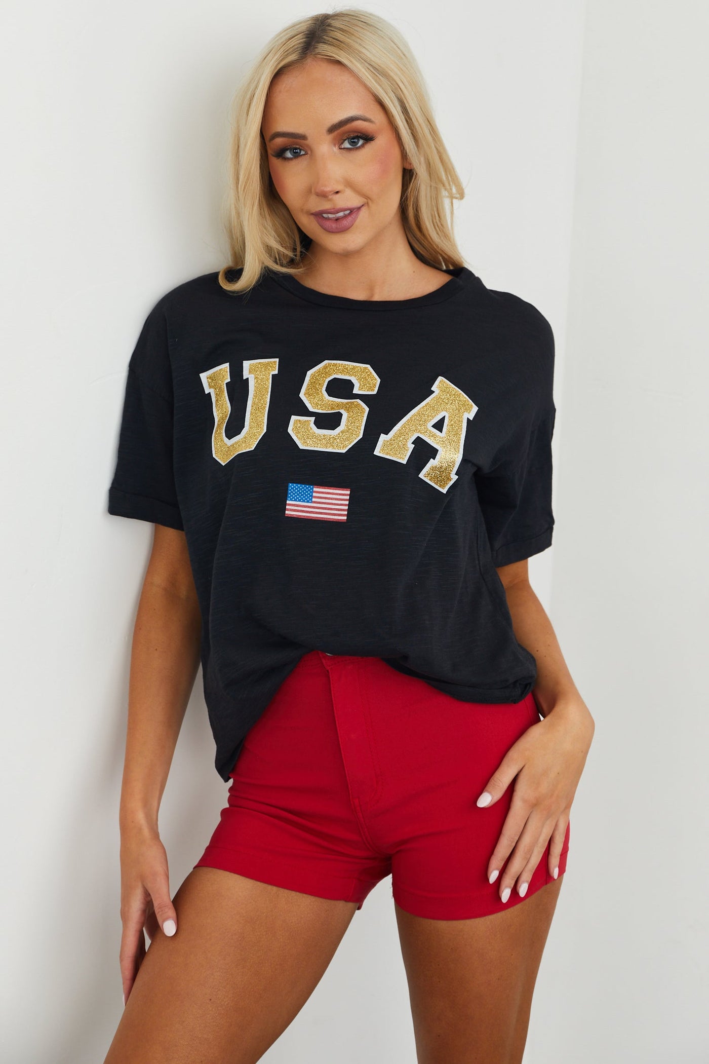 Black Drop Shoulder Glitter USA Graphic Top