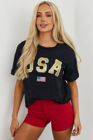 Black Drop Shoulder Glitter USA Graphic Top