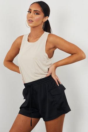 Black Elastic Waist Cargo Shorts