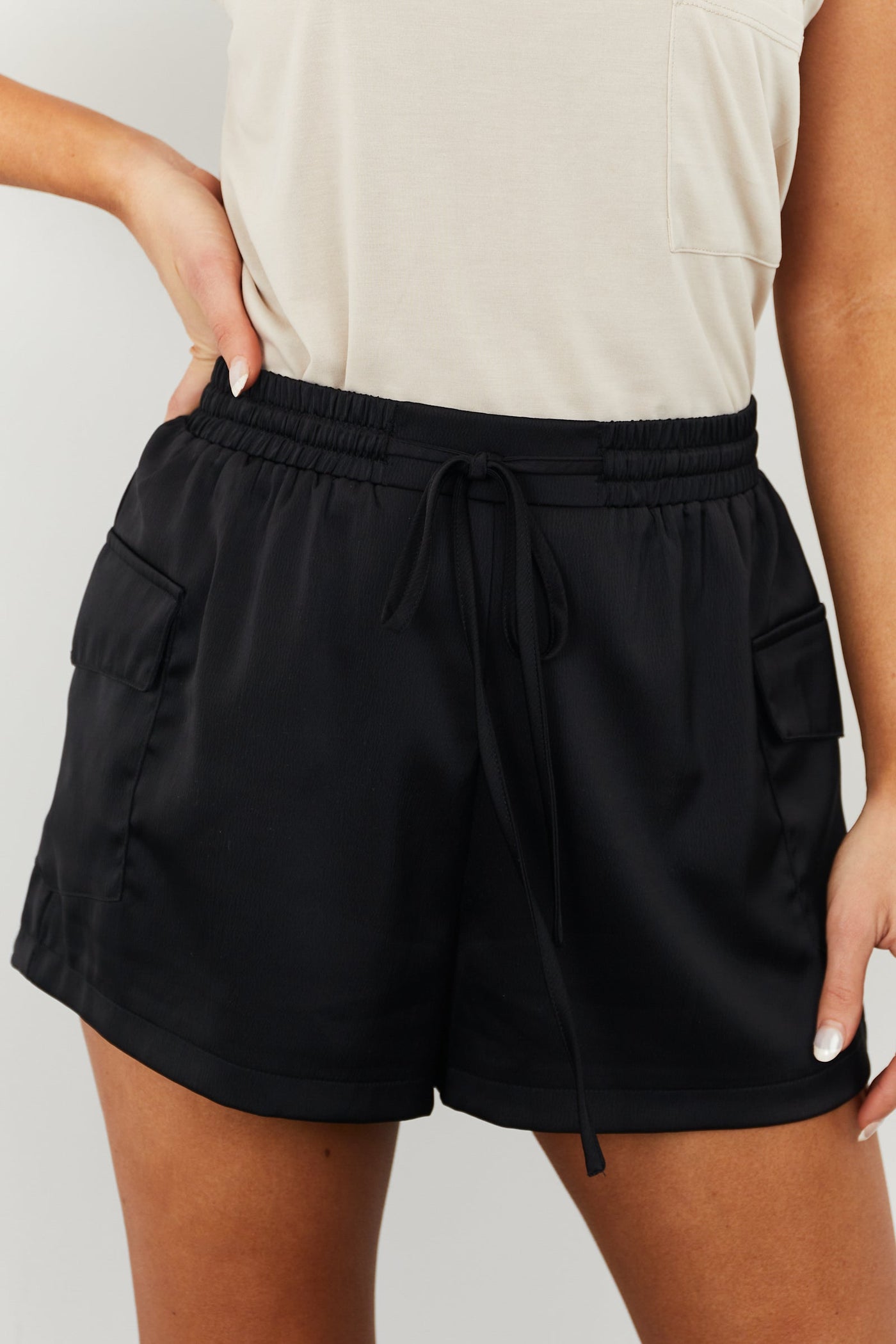 Black Elastic Waist Cargo Shorts