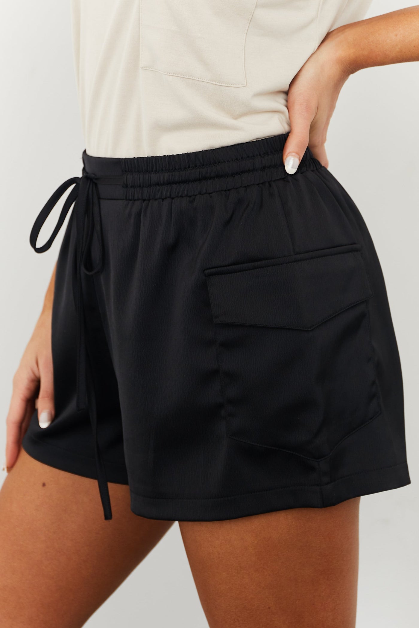 Black Elastic Waist Cargo Shorts