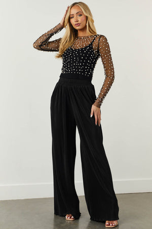 Black Elastic Waist Plisse Pants with Pockets