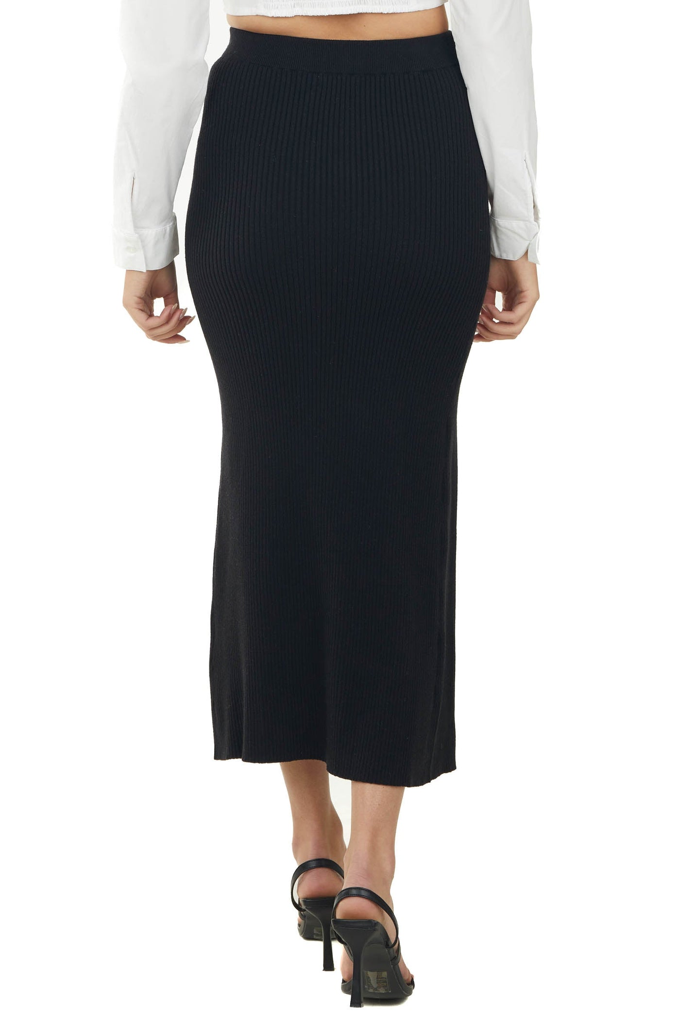 Black Elastic Waist Ribbed Knit Midi Skirt