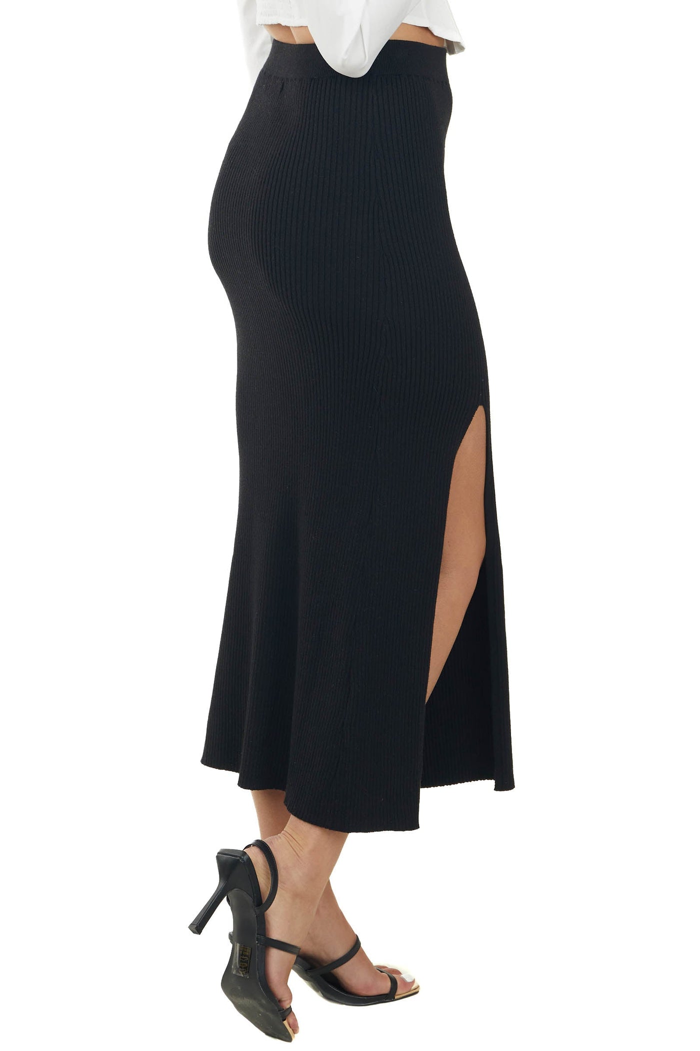 Black Elastic Waist Ribbed Knit Midi Skirt