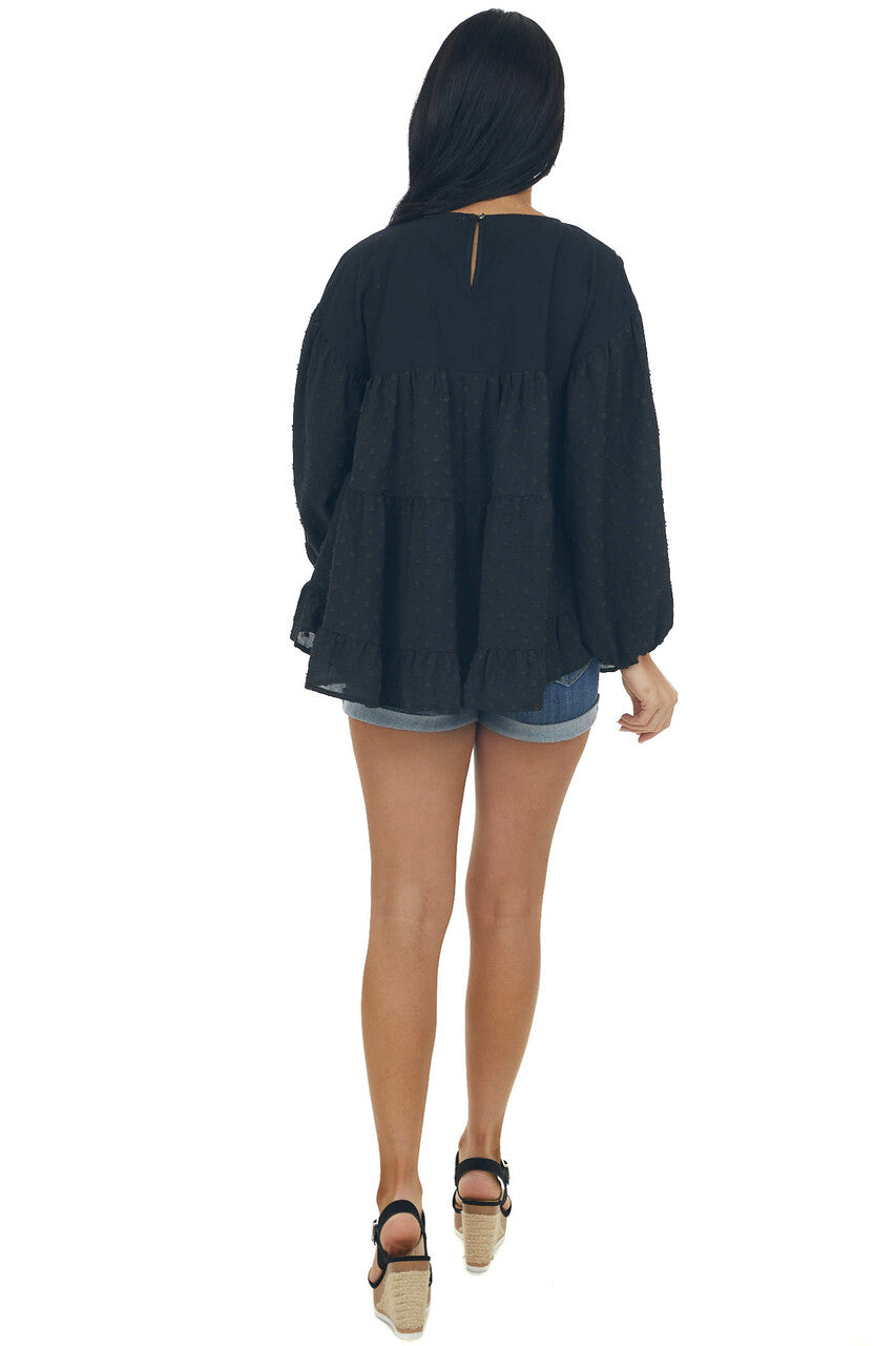 Black Embroidered Yoke Swiss Dot Top