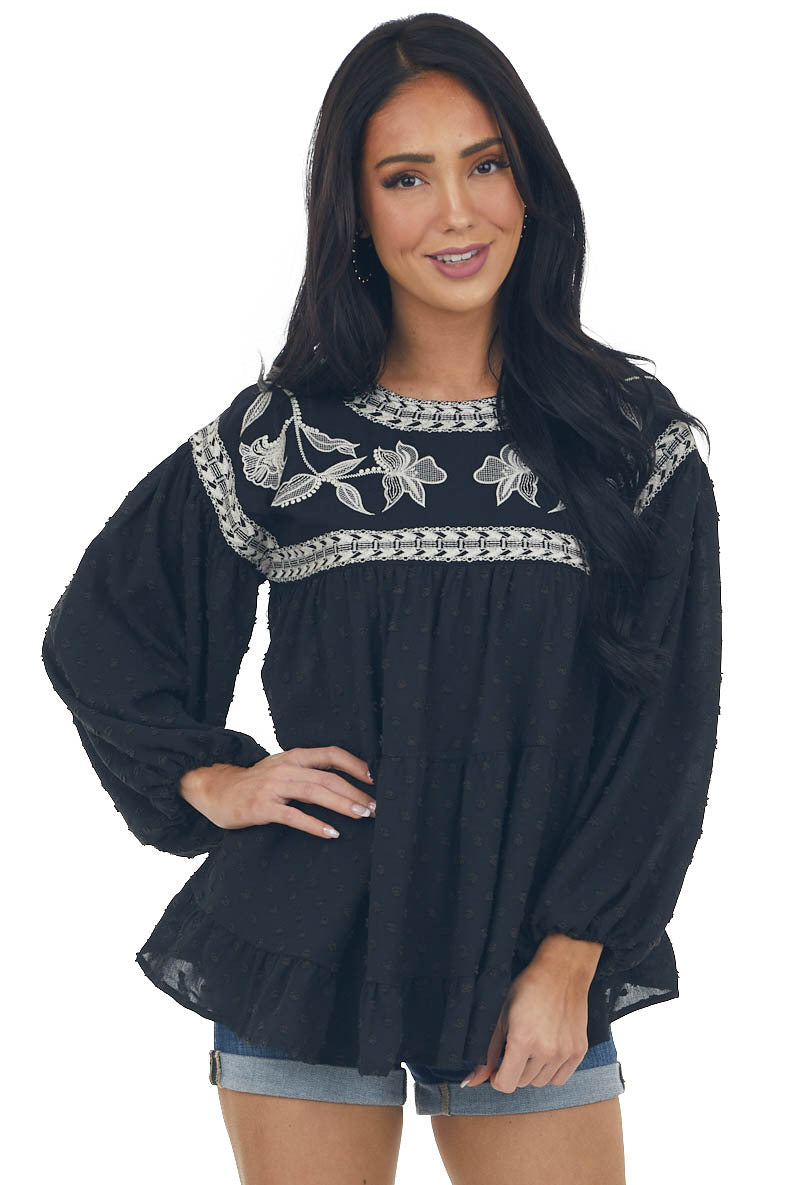 Black Embroidered Yoke Swiss Dot Top