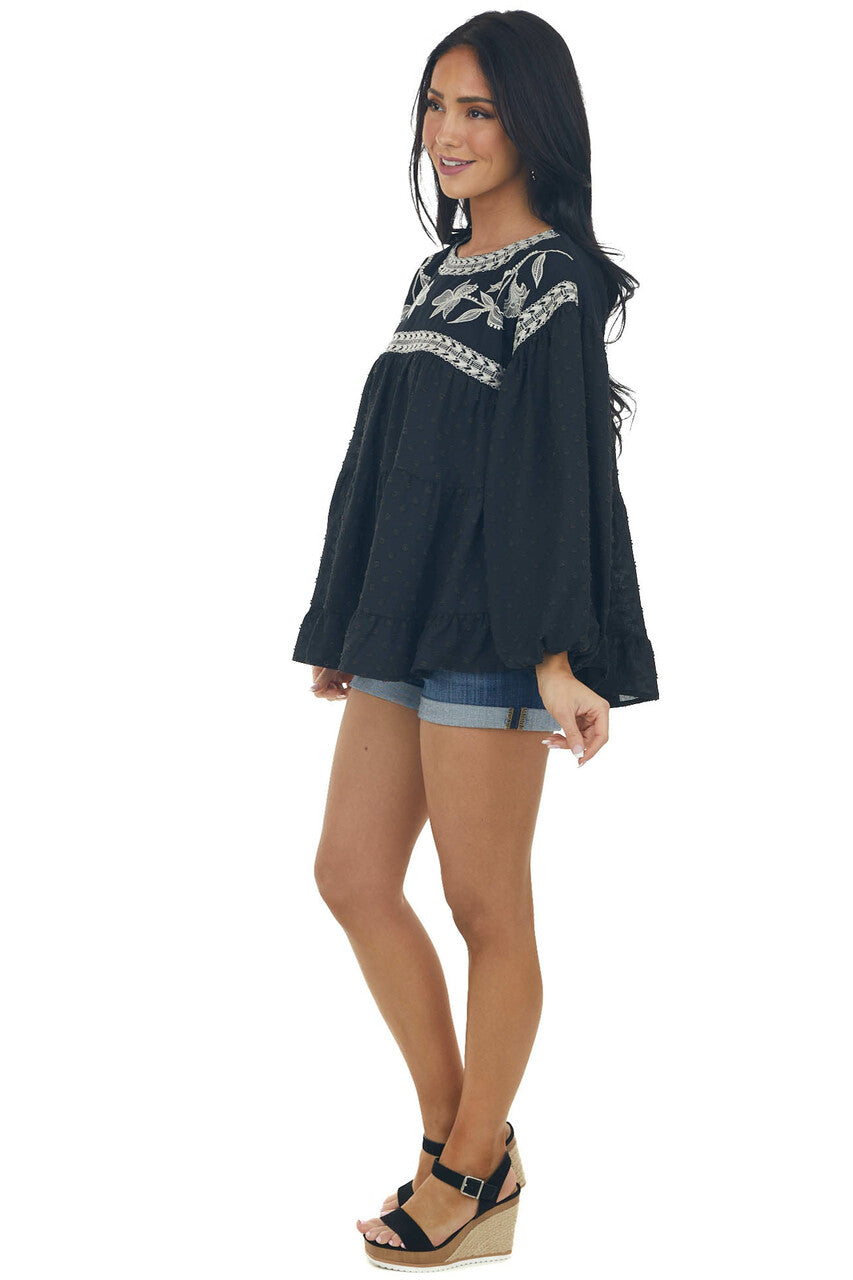 Black Embroidered Yoke Swiss Dot Top