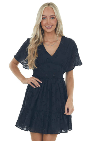 Black Eyelet Lace Smocked Waist Mini Dress