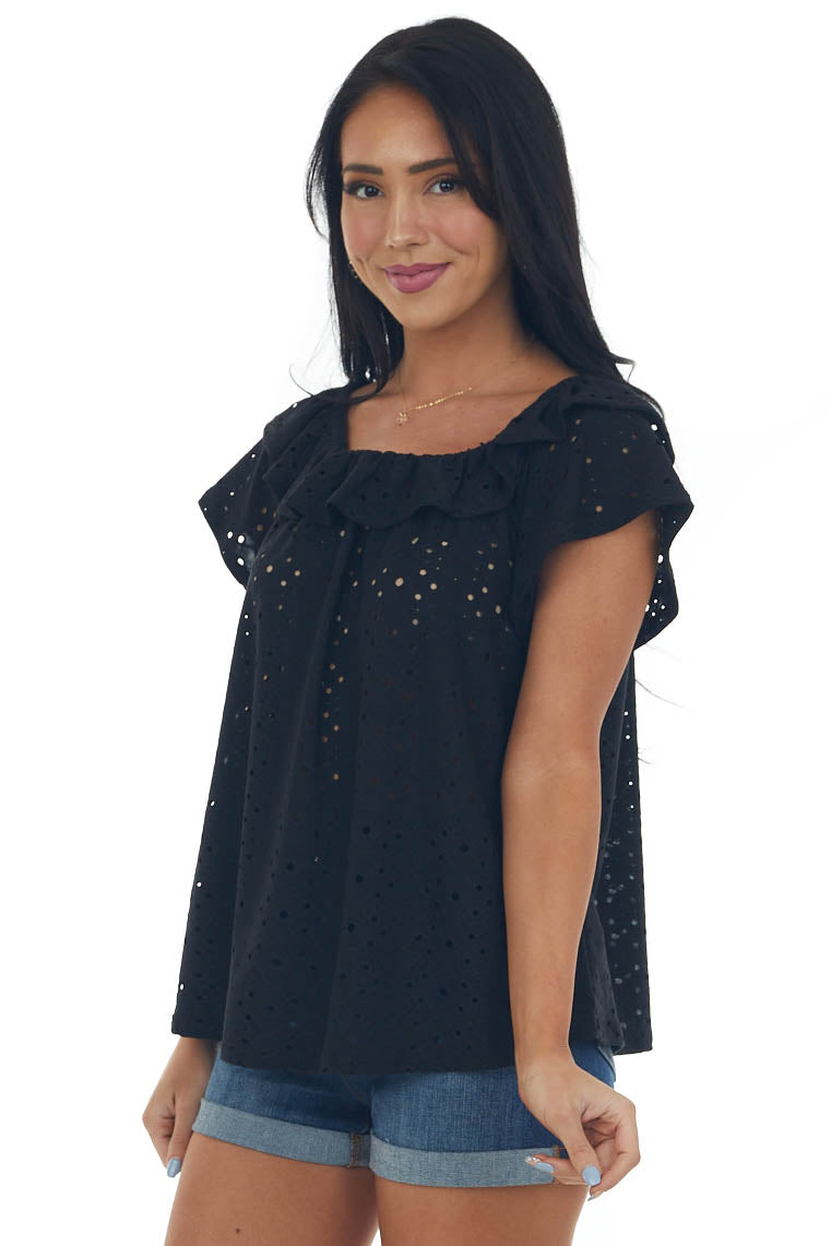 Black Eyelet Off the Shoulder Flowy Knit Top
