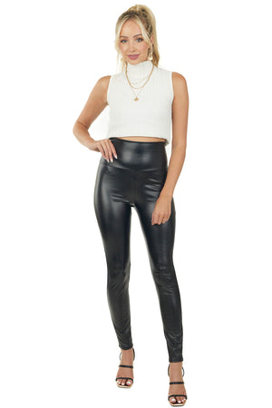 Black Faux Leather Banded Waist Leggings