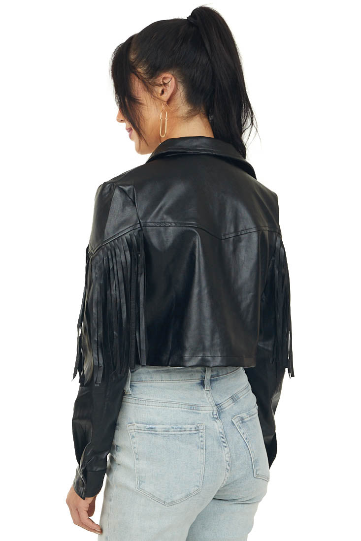 Black Faux Leather Cropped Jacket with Fringe